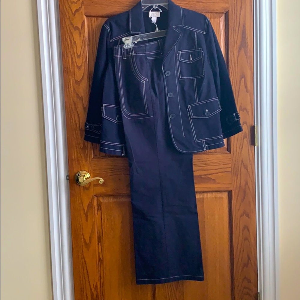 Loft navy pants with jacket, white bold stitch